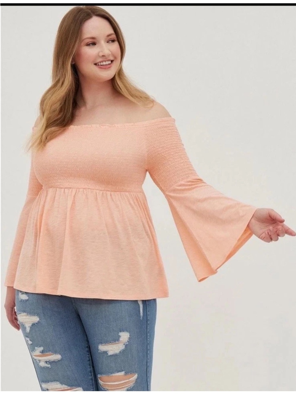 Torrid smocked Belle sleeve top. Peach color. Plus size 2x. NWT